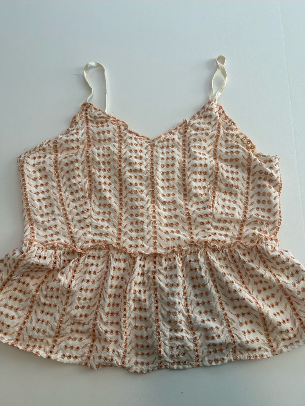 Cream and Tan Printed Peplum Cami Top with Adjustable Straps